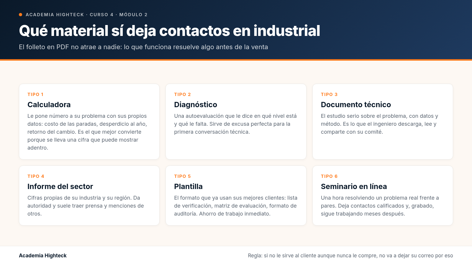 Qué material sí deja contactos en industrial (y por qué el folleto en PDF no)