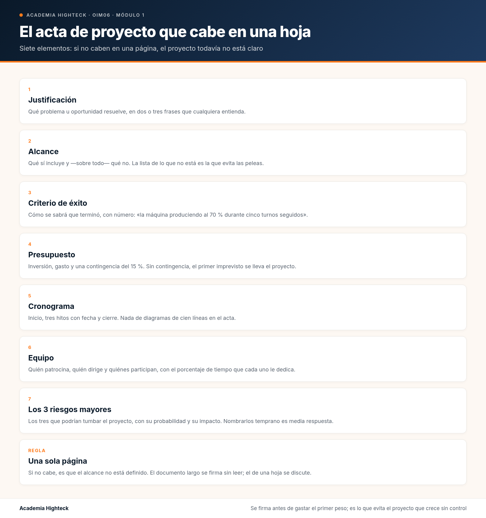 El acta de proyecto de una página: los 7 elementos que evitan que un proyecto industrial se desborde