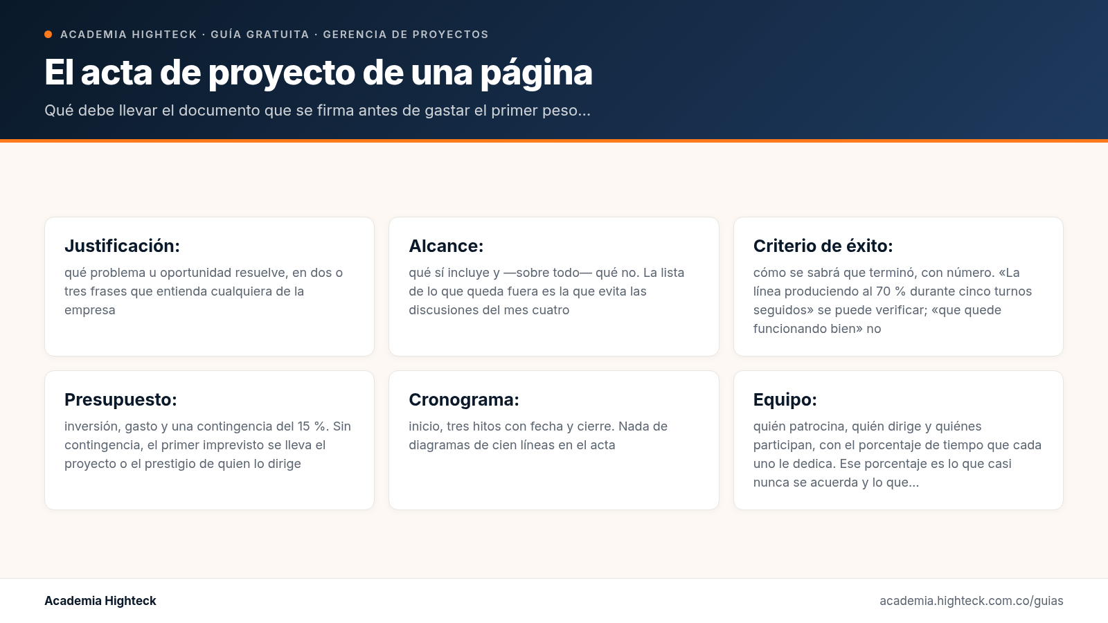 El acta de proyecto de una página: los 7 elementos que evitan que un proyecto industrial se desborde