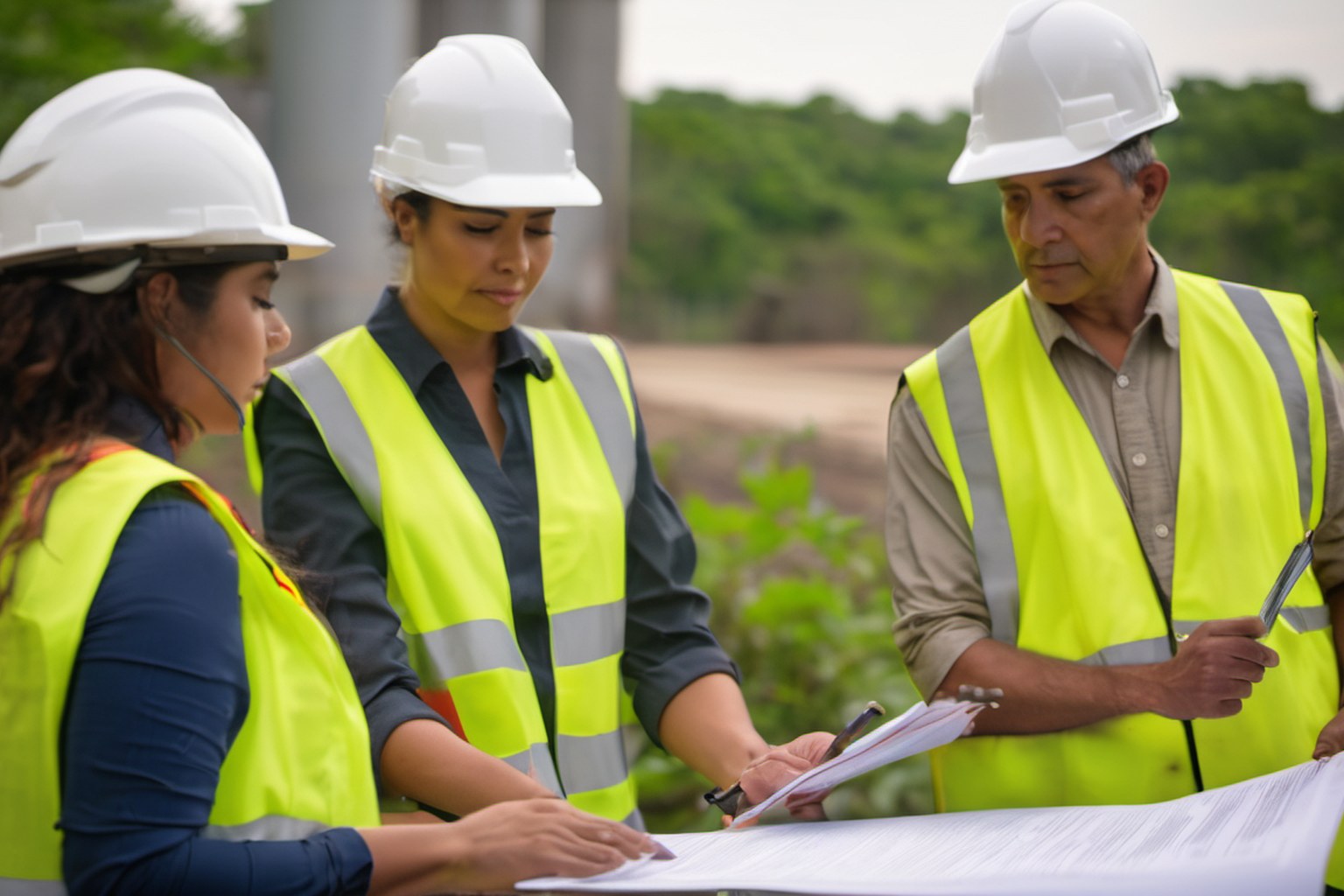 Equipo ambiental revisando la nueva edición de la ISO 14001 en planta
